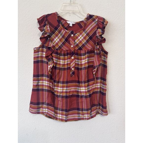 Time‎ and Tru Shirt Womens Medium Red Plaid Ruffle Sleeve Button Front Rayon Top - Picture 1 of 6